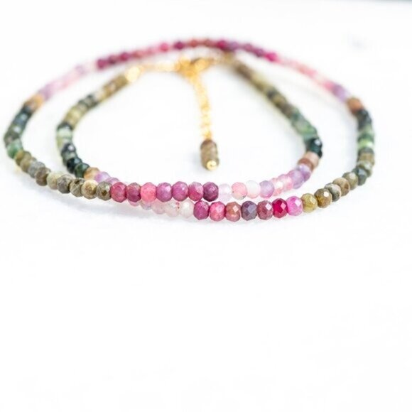 Beaded Necklace Watermelon Tourmaline Ombre Gemstone Jewelry October Birthstone - Picture 14 of 16